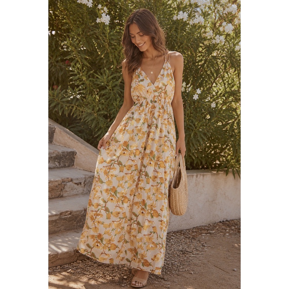 Lush Lulus Womens Medium Yellow Floral Maxi Dress Taupe V-Neck Tie Back Beach